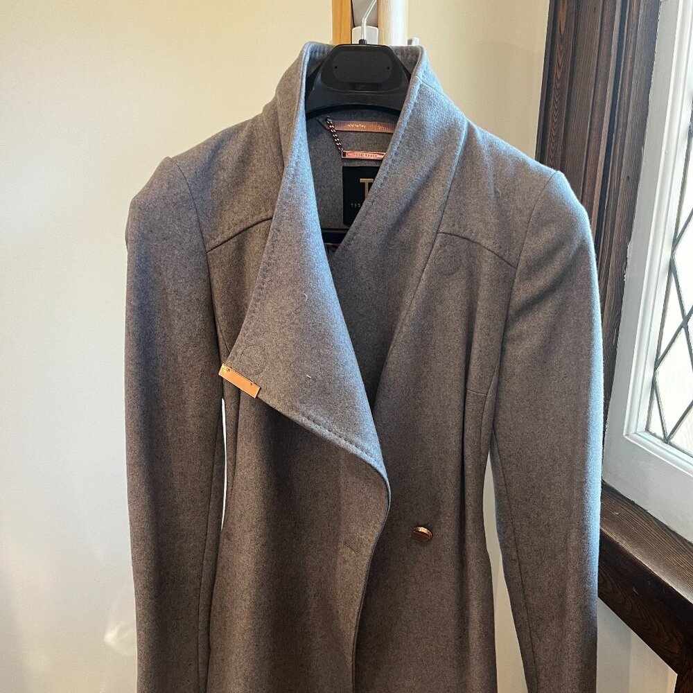 Ted Baker Midi Length Belted Wool Wrap Coat (Grey)